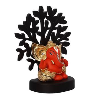 eCraftIndia Gold Plated Orange Kaan Ganesha Decorative Showpiece with Wooden Tree for Home/Temple/Office/Car Dashboard 6