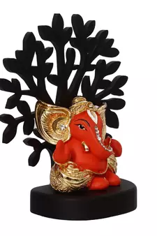 eCraftIndia Gold Plated Orange Kaan Ganesha Decorative Showpiece with Wooden Tree for Home/Temple/Office/Car Dashboard