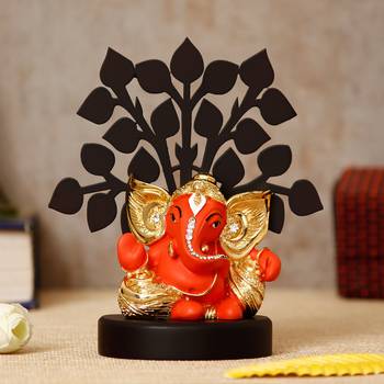 eCraftIndia Gold Plated Orange Kaan Ganesha Decorative Showpiece with Wooden Tree for Home/Temple/Office/Car Dashboard 1