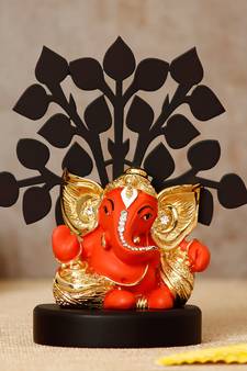 eCraftIndia Gold Plated Orange Kaan Ganesha Decorative Showpiece with Wooden Tree for Home/Temple/Office/Car Dashboard
