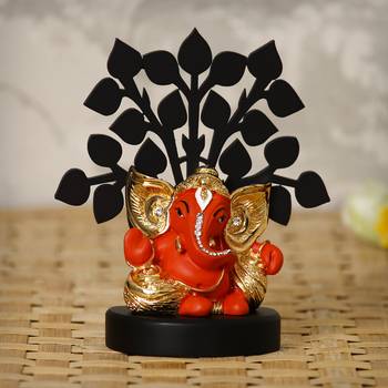 eCraftIndia Gold Plated Orange Kaan Ganesha Decorative Showpiece with Wooden Tree for Home/Temple/Office/Car Dashboard 2