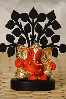 eCraftIndia Gold Plated Orange Kaan Ganesha Decorative Showpiece with Wooden Tree for Home/Temple/Office/Car Dashboard