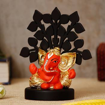 eCraftIndia Gold Plated Orange Kaan Ganesha Decorative Showpiece with Wooden Tree for Home/Temple/Office/Car Dashboard 3