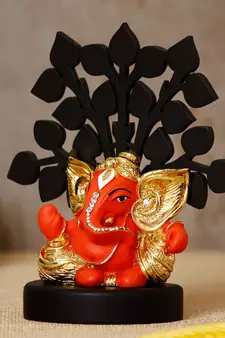 eCraftIndia Gold Plated Orange Kaan Ganesha Decorative Showpiece with Wooden Tree for Home/Temple/Office/Car Dashboard
