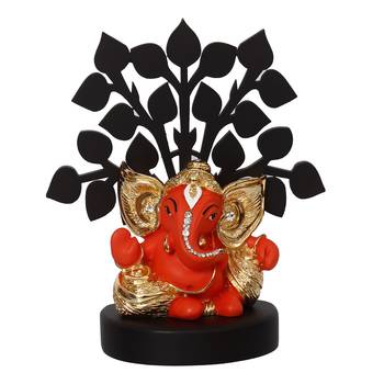 eCraftIndia Gold Plated Orange Kaan Ganesha Decorative Showpiece with Wooden Tree for Home/Temple/Office/Car Dashboard 4