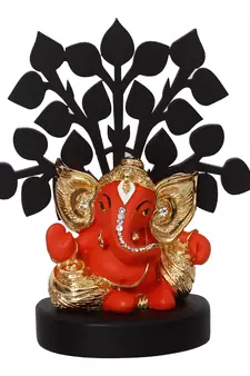 eCraftIndia Gold Plated Orange Kaan Ganesha Decorative Showpiece with Wooden Tree for Home/Temple/Office/Car Dashboard