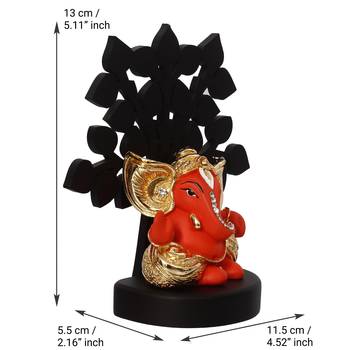 eCraftIndia Gold Plated Orange Kaan Ganesha Decorative Showpiece with Wooden Tree for Home/Temple/Office/Car Dashboard 5