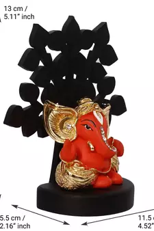 eCraftIndia Gold Plated Orange Kaan Ganesha Decorative Showpiece with Wooden Tree for Home/Temple/Office/Car Dashboard