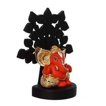 eCraftIndia Gold Plated Orange Kaan Ganesha Decorative Showpiece with Wooden Tree for Home/Temple/Office/Car Dashboard 6