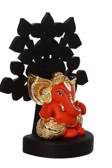 eCraftIndia Gold Plated Orange Kaan Ganesha Decorative Showpiece with Wooden Tree for Home/Temple/Office/Car Dashboard