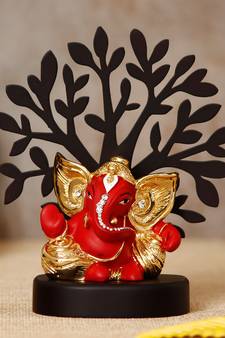 eCraftIndia Gold Plated Red Kaan Ganesha Decorative Showpiece with Wooden Tree for Home/Temple/Office/Car Dashboard