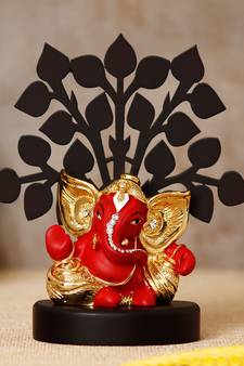 eCraftIndia Gold Plated Red Kaan Ganesha Decorative Showpiece with Wooden Tree for Home/Temple/Office/Car Dashboard