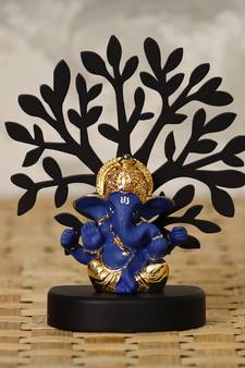 eCraftIndia Gold Plated Blue Mukut Ganesha Decorative Showpiece with Wooden Tree for Home/Temple/Office/Car Dashboard