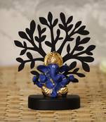 eCraftIndia Gold Plated Blue Mukut Ganesha Decorative Showpiece with Wooden Tree for Home/Temple/Office/Car Dashboard