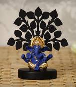 eCraftIndia Gold Plated Blue Mukut Ganesha Decorative Showpiece with Wooden Tree for Home/Temple/Office/Car Dashboard