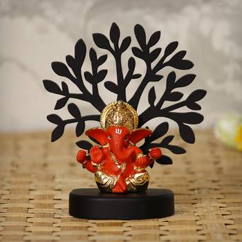 eCraftIndia Gold Plated Orange Mukut Ganesha Decorative Showpiece with Wooden Tree for Home/Temple/Office/Car Dashboard 1