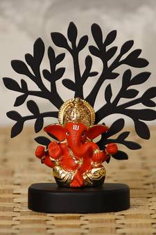 eCraftIndia Gold Plated Orange Mukut Ganesha Decorative Showpiece with Wooden Tree for Home/Temple/Office/Car Dashboard