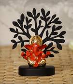 eCraftIndia Gold Plated Orange Mukut Ganesha Decorative Showpiece with Wooden Tree for Home/Temple/Office/Car Dashboard