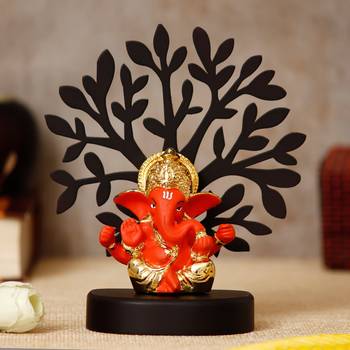 eCraftIndia Gold Plated Orange Mukut Ganesha Decorative Showpiece with Wooden Tree for Home/Temple/Office/Car Dashboard 2