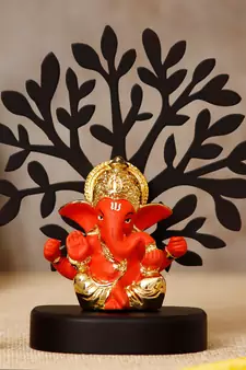 eCraftIndia Gold Plated Orange Mukut Ganesha Decorative Showpiece with Wooden Tree for Home/Temple/Office/Car Dashboard