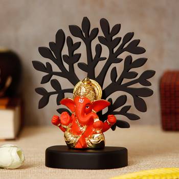 eCraftIndia Gold Plated Orange Mukut Ganesha Decorative Showpiece with Wooden Tree for Home/Temple/Office/Car Dashboard 3