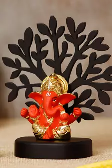 eCraftIndia Gold Plated Orange Mukut Ganesha Decorative Showpiece with Wooden Tree for Home/Temple/Office/Car Dashboard