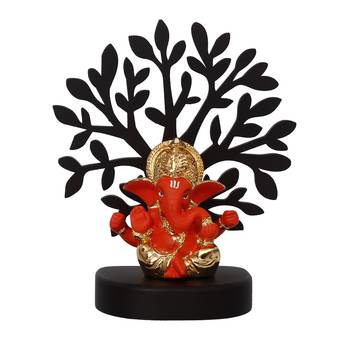 eCraftIndia Gold Plated Orange Mukut Ganesha Decorative Showpiece with Wooden Tree for Home/Temple/Office/Car Dashboard 4