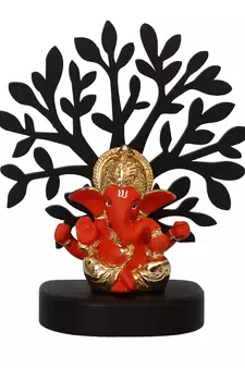 eCraftIndia Gold Plated Orange Mukut Ganesha Decorative Showpiece with Wooden Tree for Home/Temple/Office/Car Dashboard