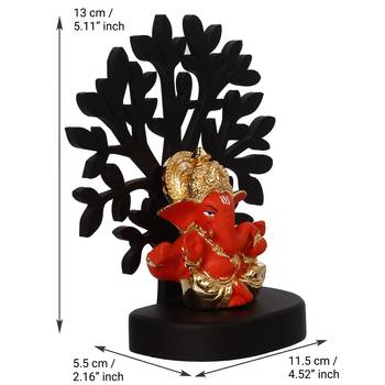 eCraftIndia Gold Plated Orange Mukut Ganesha Decorative Showpiece with Wooden Tree for Home/Temple/Office/Car Dashboard 5