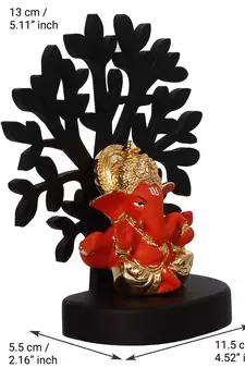 eCraftIndia Gold Plated Orange Mukut Ganesha Decorative Showpiece with Wooden Tree for Home/Temple/Office/Car Dashboard