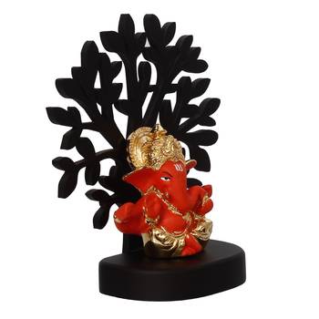 eCraftIndia Gold Plated Orange Mukut Ganesha Decorative Showpiece with Wooden Tree for Home/Temple/Office/Car Dashboard 6