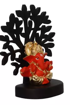 eCraftIndia Gold Plated Orange Mukut Ganesha Decorative Showpiece with Wooden Tree for Home/Temple/Office/Car Dashboard