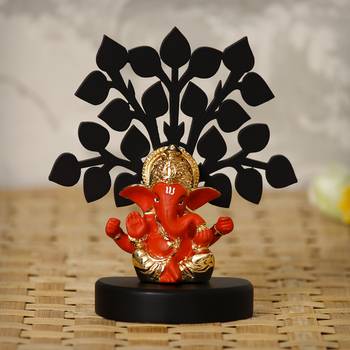 eCraftIndia Gold Plated Orange Mukut Ganesha Decorative Showpiece with Wooden Tree for Home/Temple/Office/Car Dashboard 1