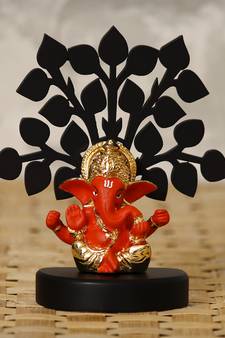 eCraftIndia Gold Plated Orange Mukut Ganesha Decorative Showpiece with Wooden Tree for Home/Temple/Office/Car Dashboard