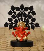 eCraftIndia Gold Plated Orange Mukut Ganesha Decorative Showpiece with Wooden Tree for Home/Temple/Office/Car Dashboard