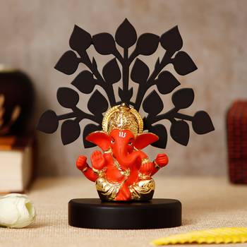 eCraftIndia Gold Plated Orange Mukut Ganesha Decorative Showpiece with Wooden Tree for Home/Temple/Office/Car Dashboard 2