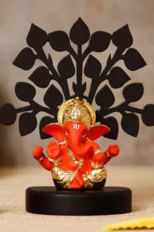 eCraftIndia Gold Plated Orange Mukut Ganesha Decorative Showpiece with Wooden Tree for Home/Temple/Office/Car Dashboard