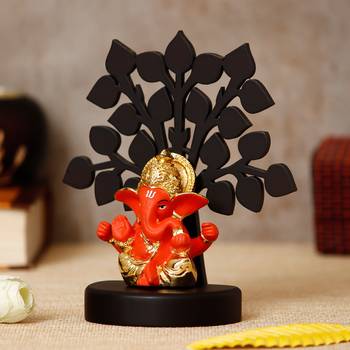 eCraftIndia Gold Plated Orange Mukut Ganesha Decorative Showpiece with Wooden Tree for Home/Temple/Office/Car Dashboard 3