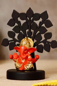 eCraftIndia Gold Plated Orange Mukut Ganesha Decorative Showpiece with Wooden Tree for Home/Temple/Office/Car Dashboard