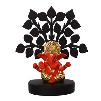 eCraftIndia Gold Plated Orange Mukut Ganesha Decorative Showpiece with Wooden Tree for Home/Temple/Office/Car Dashboard 4