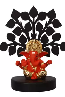 eCraftIndia Gold Plated Orange Mukut Ganesha Decorative Showpiece with Wooden Tree for Home/Temple/Office/Car Dashboard
