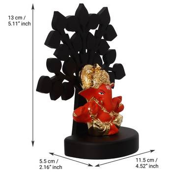 eCraftIndia Gold Plated Orange Mukut Ganesha Decorative Showpiece with Wooden Tree for Home/Temple/Office/Car Dashboard 5