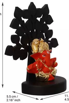 eCraftIndia Gold Plated Orange Mukut Ganesha Decorative Showpiece with Wooden Tree for Home/Temple/Office/Car Dashboard