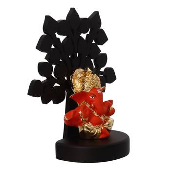 eCraftIndia Gold Plated Orange Mukut Ganesha Decorative Showpiece with Wooden Tree for Home/Temple/Office/Car Dashboard 6