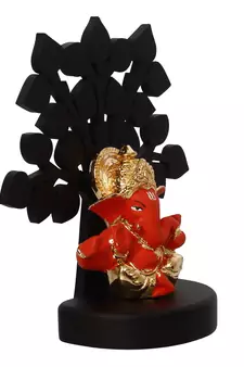 eCraftIndia Gold Plated Orange Mukut Ganesha Decorative Showpiece with Wooden Tree for Home/Temple/Office/Car Dashboard