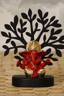 eCraftIndia Gold Plated Red Mukut Ganesha Decorative Showpiece with Wooden Tree for Home/Temple/Office/Car Dashboard