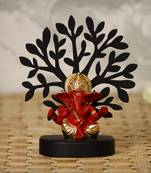 eCraftIndia Gold Plated Red Mukut Ganesha Decorative Showpiece with Wooden Tree for Home/Temple/Office/Car Dashboard