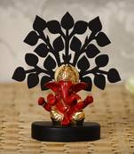 eCraftIndia Gold Plated Red Mukut Ganesha Decorative Showpiece with Wooden Tree for Home/Temple/Office/Car Dashboard