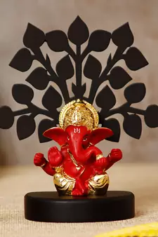 eCraftIndia Gold Plated Red Mukut Ganesha Decorative Showpiece with Wooden Tree for Home/Temple/Office/Car Dashboard
