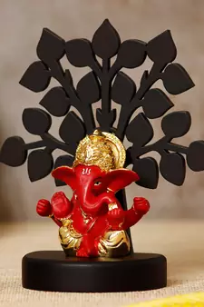 eCraftIndia Gold Plated Red Mukut Ganesha Decorative Showpiece with Wooden Tree for Home/Temple/Office/Car Dashboard